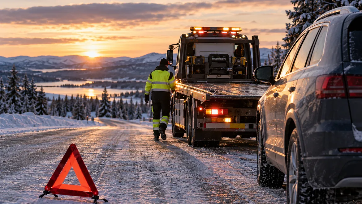 Vinterväg i solnedgång med bärgningsbil