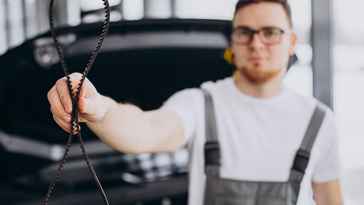 man håller upp trasig kamrem